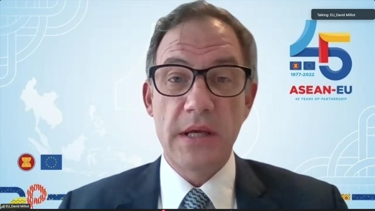 Dr. David Milliot, Political Advisor, EU Delegation to ASEAN dalam virtual press conference terkait ASEAN – EU Higher Education Fair (AEHEF) 2022.