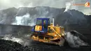 Sebuah bulldozer sedang bekerja di antara timbunan batubara yang asapnya mengepul (Liputan6.com/ Panji Diksana)