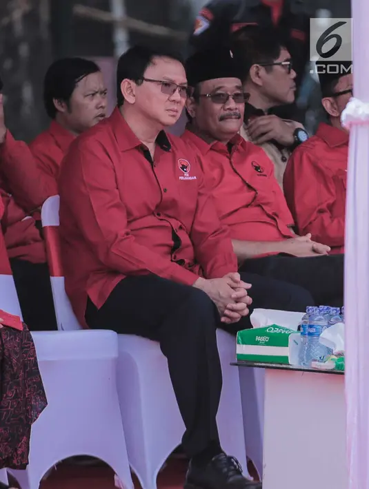 Basuki Tjahaja Purnama  dan Djarot Saiful Hidayat saat menghadiri upacara HUT ke-74 RI di Jakarta, Sabtu (17/8/2019). Upacara HUT ke-74 Kemerdekaan RI tersebut diikuti ratusan kader dan simpatisan partai PDIP. (Liputan6.com/Faizal Fanani)