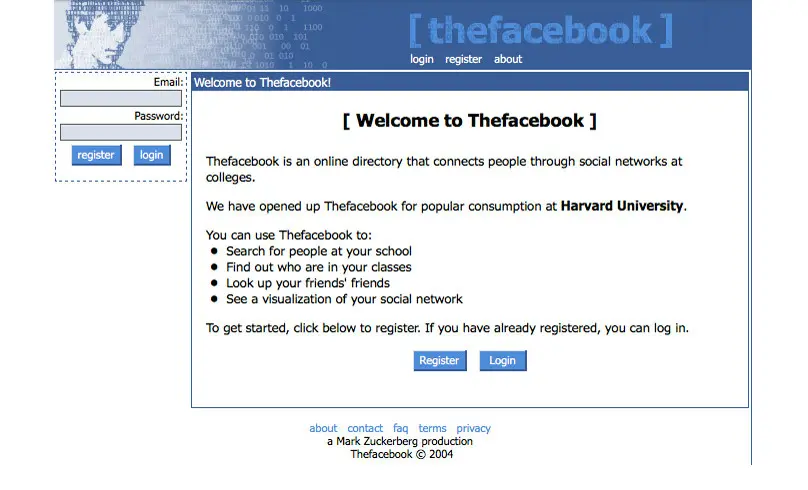 Tampilan laman muka pertama Facebook (Sumber: Business Insider Singapore/ WayBack Machine)