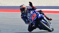 Pebalap Movistar Yamaha, Maverick Vinales, saat sesi kualifikasi MotoGP San Marino di Sirkuit Marco Simoncelli, Minggu (9/9/2018). Lorenzo menjadi yang tercepat dengan catatan waktu 1 menit 31,629 detik. (AFP/Tiziana Fabi)