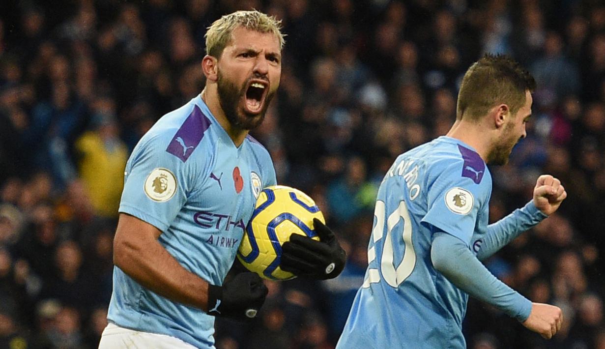 Sebelum hijrah ke Barcelona, Sergio Aguero memiliki rasio gol perlaga mencapai 0,67 dengan mencetak 184 gol dalam 275 laga di Liga Inggris bersama Manchester City. Aguero juga berhasil mempersembahkan lima gelar Liga Inggris untuk The Citizen. (AFP/Oli Scarff)