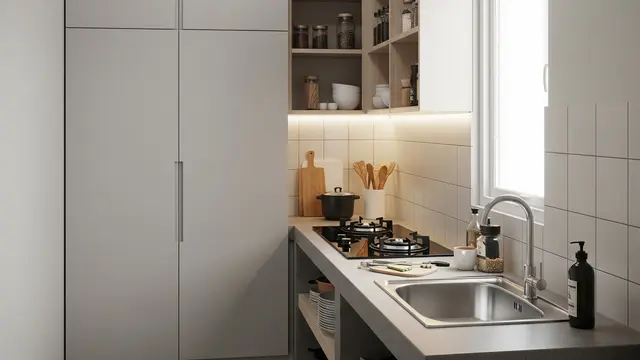 Dapur Rumah Type 21 Ukuran 1,5x2 meter dengan Kompor Tanam dan Meja Cor
