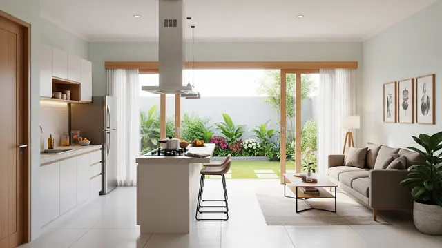 Inspirasi Rumah Type 45 dengan Dapur Terbuka Anti Asap dan Bau yang Bikin Sehat Penghuninya Model Konsep Minimalis Terbuka dengan Pemandangan Taman