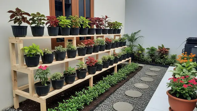 Model Rak Kayu Berlapis Tanaman dalam Satu Arah Penataan