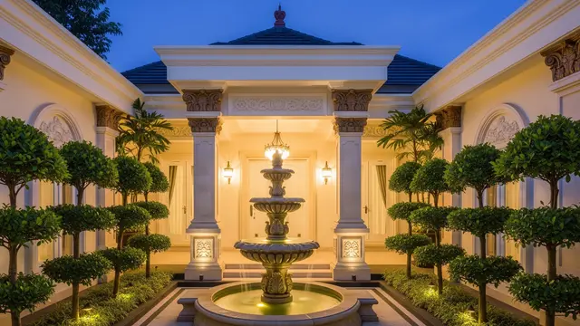 Desain Teras Rumah Mewah dengan Aksen Palem Mini dan Air Mancur (AI Generated)