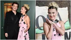 Foto kolase saat Millie Bobby Brown dan pacarnya Jake Bongiovi menghadiri pemutaran perdana film Enola Holmes 2 di The Paris Theatre, New York, Amerika Serikat, 27 Oktober 2022. (Photo by Evan Agostini/Invision/AP)