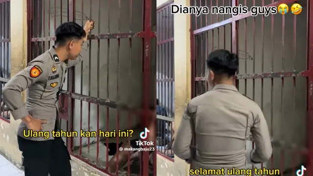 Viral di TikTok Ketika Seorang Polisi Memberikan Kejutan Ulang Tahun pada Tahanan di Lapas. Momen itu Membuat Tahanan yang Berulang Tahun Menangis Terharu (Sumber: TikTok @makangbaju23)