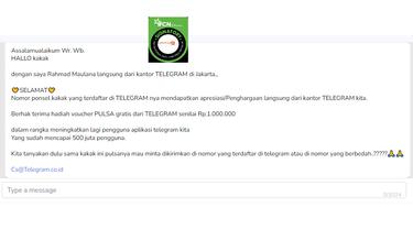 Tangkapan layar informasi Telegram bagikan pulsa senilai Rp 1 juta