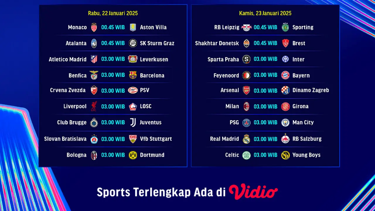 Jadwal Liga Champions 2024/25 Matchweek ke 7 di Vidio