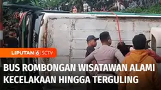 Bus rombongan wisata asal Sleman mengalami kecelakaan tunggal hingga terguling di jalur tanjakan simpang tiga Ngargoyoso, Kabupaten Karanganyar, Jawa Tengah. Butuh puluhan warga dan petugas bergotong royong untuk membalikkan bus ke posisi semula.