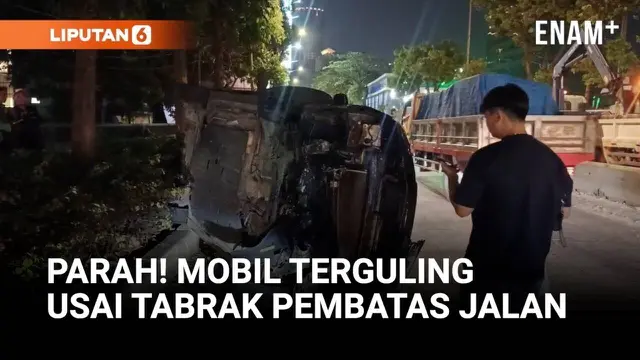 Mobil SUV Terguling, Diduga Ngebut dan Hantam Separator Busway