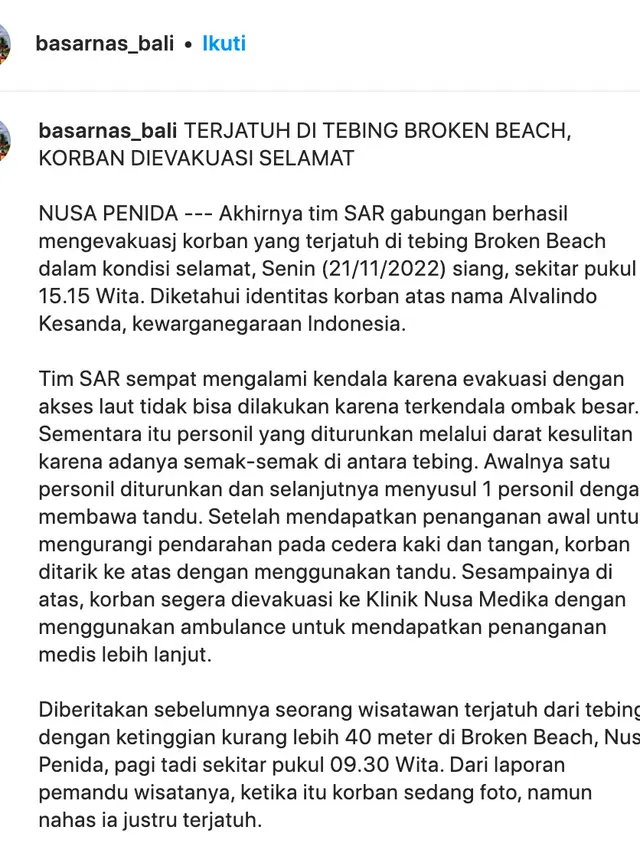 Unggahan Basarnas Bali terkait Alvalino Kasenda jatuh dari tebing Broken Beach, Bali. (Foto: Dok. Instagram @basarnas_bali)