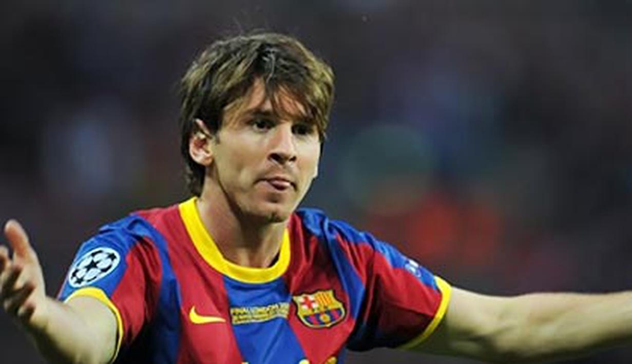 Reaksi penyerang Barcelona Lionel Messi usai mencetak gol ke gawang Manchester United dalam final Liga Champions di Wembley Stadium, 28 Mei 2011. AFP PHOTO/LLUIS GENE