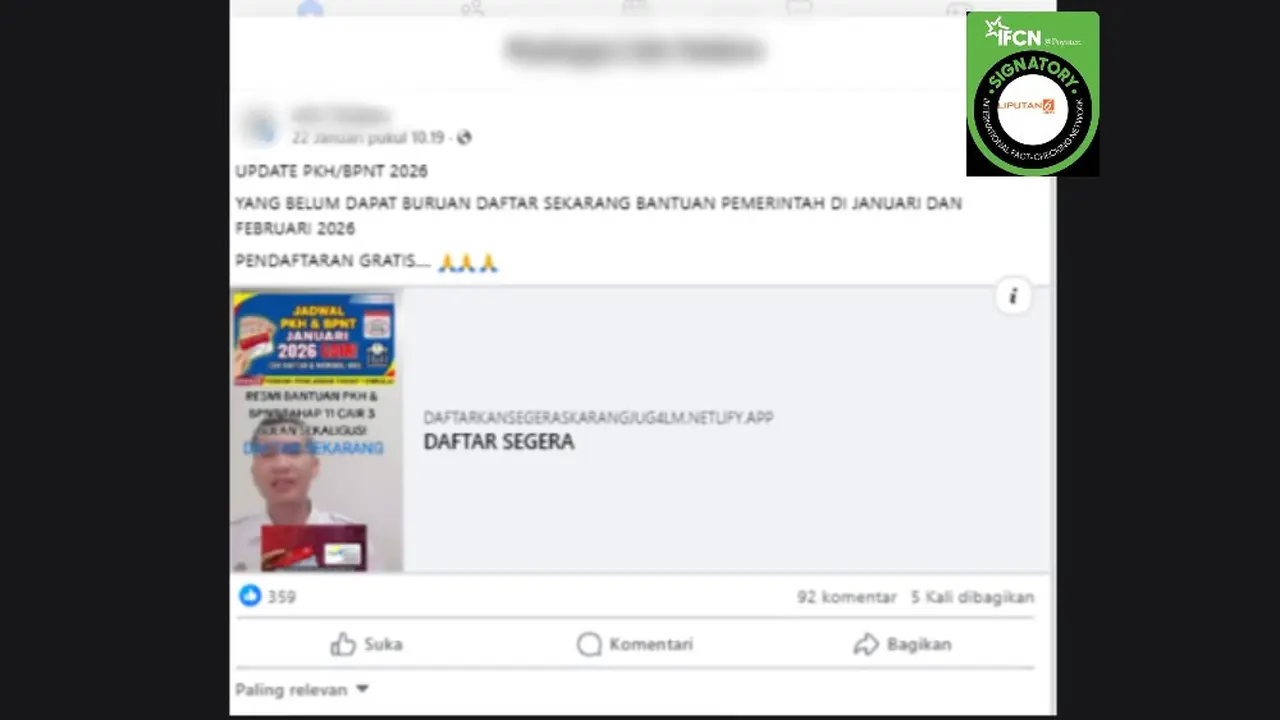 Postingan klaim link pendaftaran PKH dan BPNT pada Januari dan Februari 2026 yang beredar di Facebook.