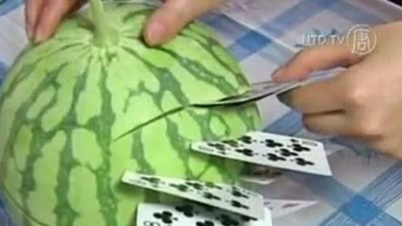 Video unik pria China bisa potong semangka dengan kartu remi 