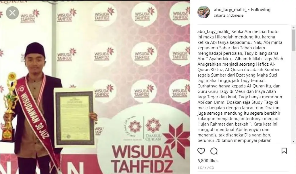 Taqy Malik resmi menjadi hafidz Quran 30 juz (Foto: Instagram)