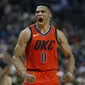 Selebrasi Russell Westbrook saat membantu Thunder menang atas Mavericks di lanjutan NBA (AP)