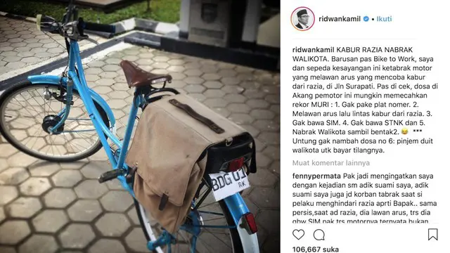 Wali Kota Bandung, Ridwan Kamil mencurahkan perasaannya usai ditabrak saat akan pergi ke kantor menggunakan sepeda (bike to work)
