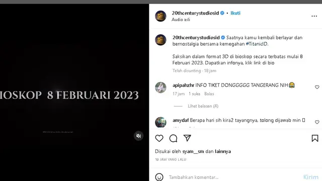 Film Titanic tayang lagi di Bioskop Indonesia pada Rabu 8 Februari 2023 (Foto: Instagram 20thcenturystudiosid)