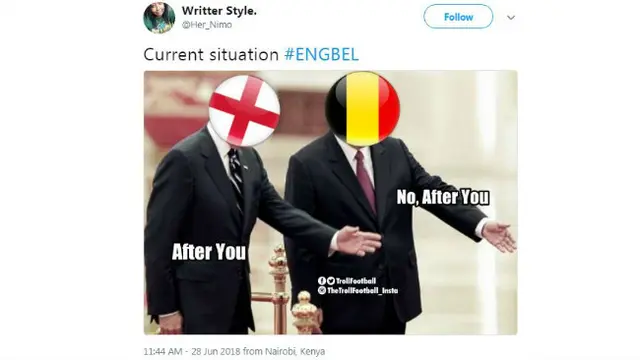 Di dunia maya, warganet menanggapi pertandingan Inggris lawan Belgia tersebut melalui cuitan-cuitan kocak.
