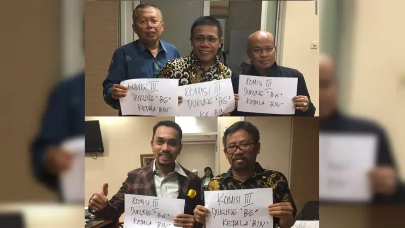 Beredar foto anggota Komisi III DPR mengangkat kertas bertuliskan dukungan untuk BG menjadi Kepala BIN. 