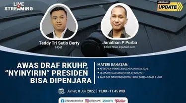 Liputan6 Update Jumat, 8 Juli 2022 pukul 11.00 WIB menyajikan laporan dari segala penjuru dengan tema Awas Draft RKUHP, "Nyinyirin" Presiden Bisa Dipenjara

Laporan Langsung:
- Kesiapan Penyelenggaraan Haji 2022
- Jemaah Haji Sudah tiba di Arafah...