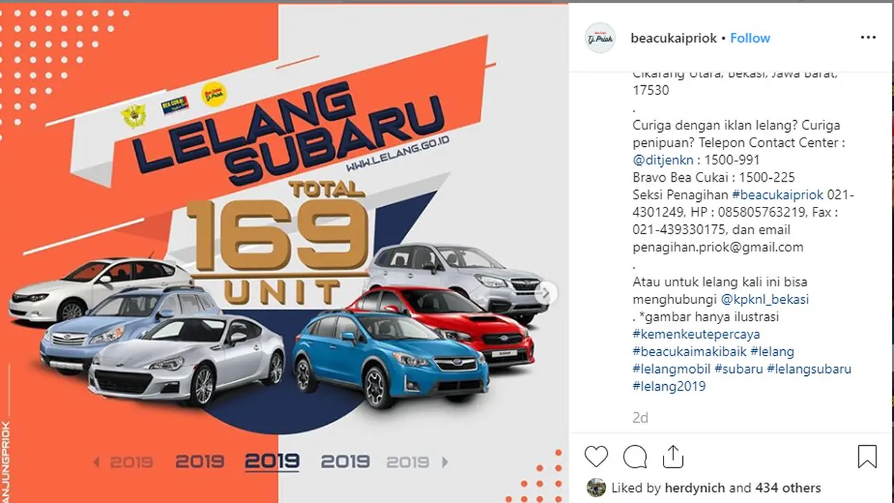 Terdapat 169 unit Subaru berbagai model yang akan dilelang Bea Cukai Tanjung Priok.