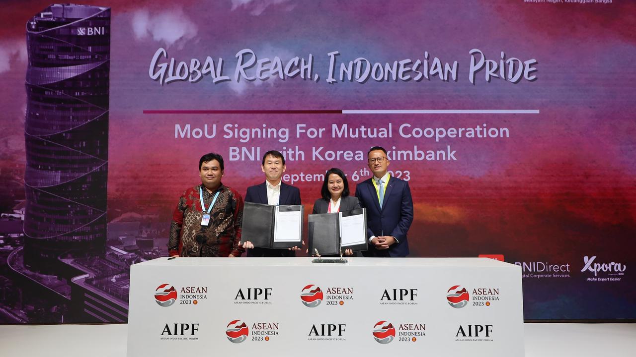 PT Bank Negara Indonesia (Persero) Tbk atau BNI sinergi dengan dua bank internasional yaitu The Shoko Chukin Bank Ltd Jepang dan The Export Import Bank of Korea atau Exim Bank Korea dalam agenda Business Matching AIPF 2023. (Dok BNI)