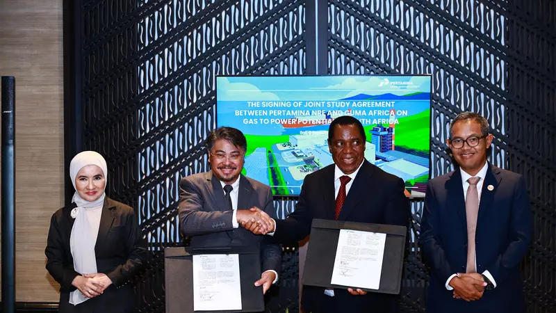 Pertamina NRE menandatangani perjanjian kerja sama pengembangan gas to power di wilayah Afrika Selatan dengan Guma di tengah perhelatan internasional, Indonesia Africa Forum (IAF) di Nusa Dua Bali pada Senin (2/9/2024).(Dok Pertamina)