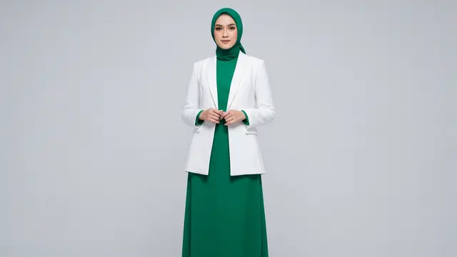 Gamis Polos Warna Bold dengan Blazer Tanpa Kancing Putih Bersih