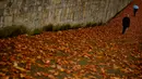 Pejalan kaki menyusuri jalanan yang penuh dengan dedaunan saat musim gugur di Pamplona, Spanyol, Selasa (20/11). (AP Photo/Alvaro Barrientos)