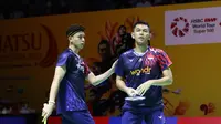 Aksi ganda putra Indonesia, Fajar Alfian/Muhammad Rian Ardianto, pada perempat final Indonesia Masters 2025 di Istora Senayan, Jakarta (23/1/2025). (Bola.com/Abdul Azis)