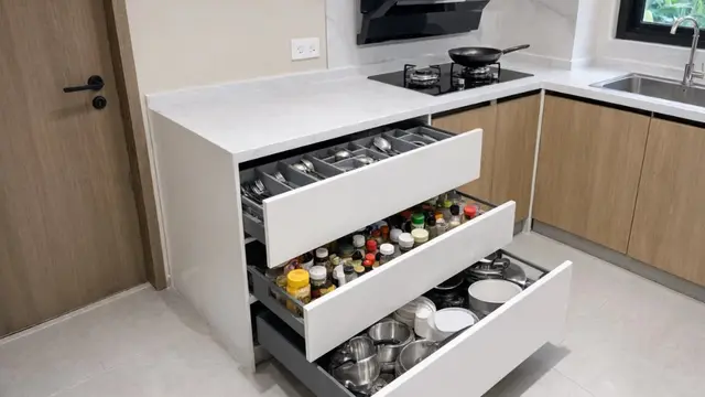 Desain Dapur Kecil dengan Banyak Penyimpanan agar Meja Tetap Rapi (AI Generated)