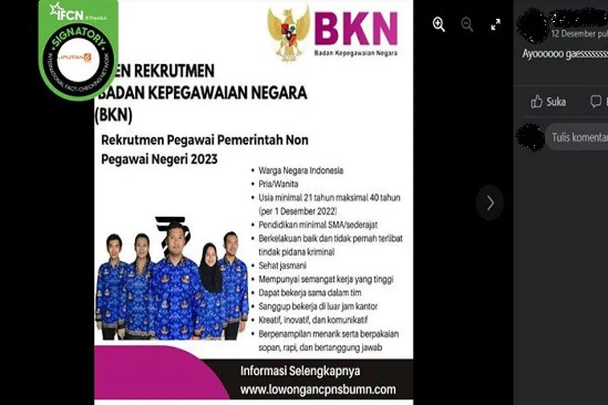 Gambar Tangkapan Layar Poster Hoaks Berisi Informasi Rekrutmen Pegawai dari BKN.
