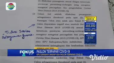 KPU Kota Surabaya mengungkapkan ada satu orang dari bakal pasangan calon Wali Kota dan Wakil Wali Kota Surabaya yang terpapar Covid-19. KPU Kota Surabaya membuat surat ditujukan ke salah satu bapaslon yang positif untuk melakukan isolasi mandiri.