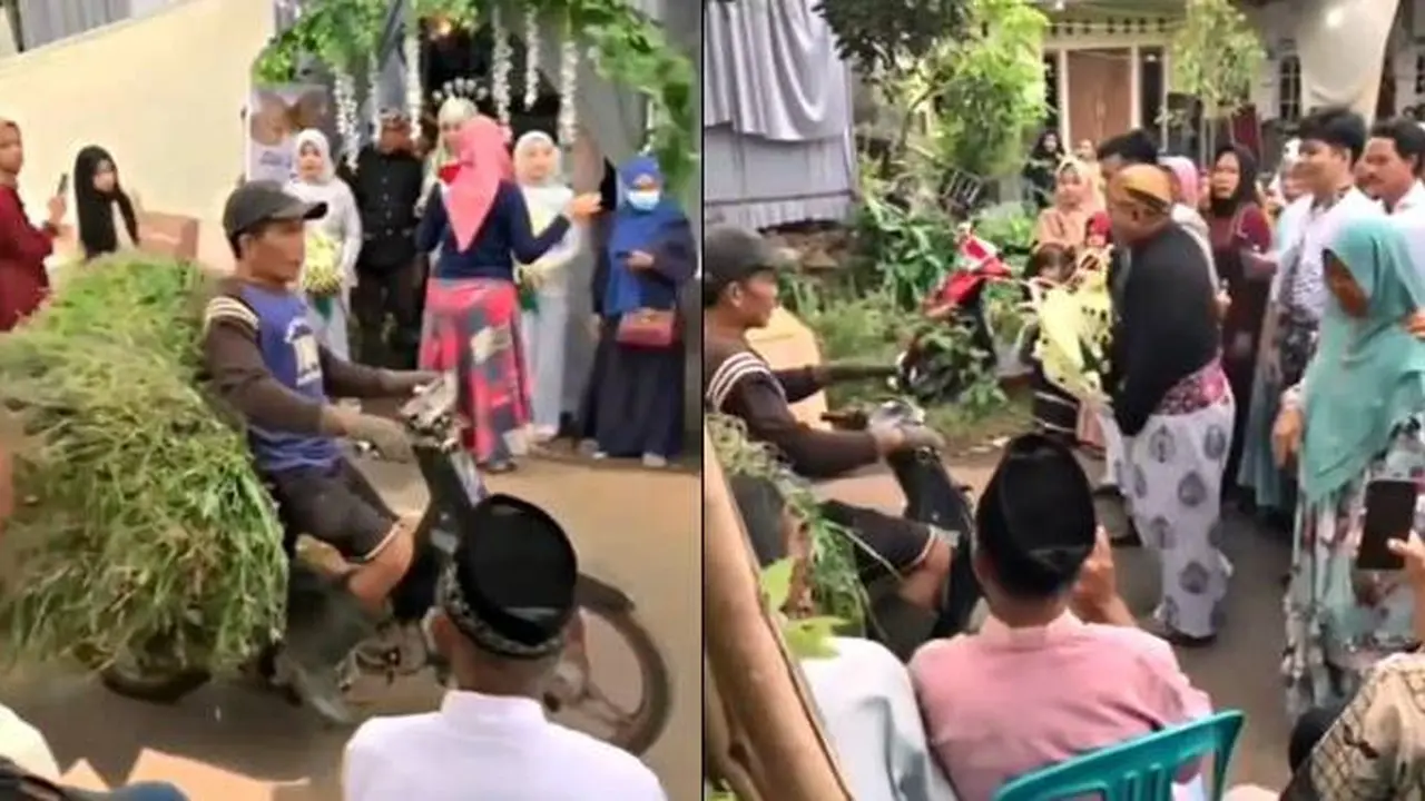 Pakai Jalan Saat Gelar Pernikahan, Momen Orang Bawa Rumput Terobos Mempelai Ini Viral