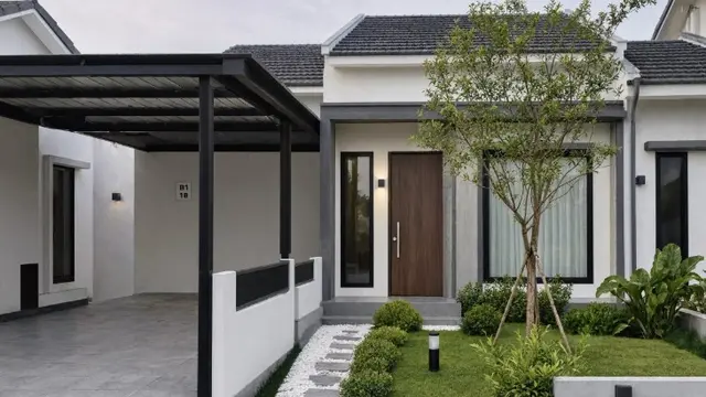 Ide Desain Halaman Depan Rumah dengan Carport dan Teras (AI Generated)