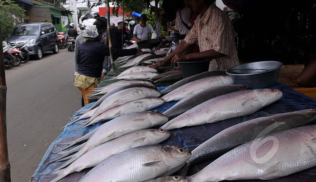 Pedagang menjajakan ikan bandeng di pasar musiman kawasan Rawa Belong, Jakarta, Rabu (18/2). Bagi kalangan Tionghoa, pindang bandeng Imlek adalah perlambang kemakmuran yang berlimpah. (Liputan6.com/Johan Tallo)