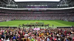 Wembley menjadi stadion terbesar di antara 11 venue Euro 2020 (Euro 2021) lainnya karena memiliki kapasitas 90 ribu penonton. Stadion ini merupakan stadion terbesar di Inggris dan stadion ke dua terbesar di Eropa setelah Camp Nou di Barcelona, Spanyol. (Foto: AFP/Glyn Kirk)
