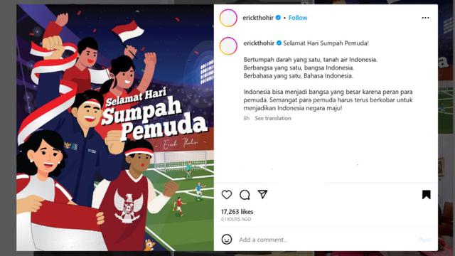 Menteri BUMN Erick Thohir mengucapkan Selamat Hari Sumpah Pemuda yang jatuh tepat pada hari ini, Sabtu (28/10/2023).