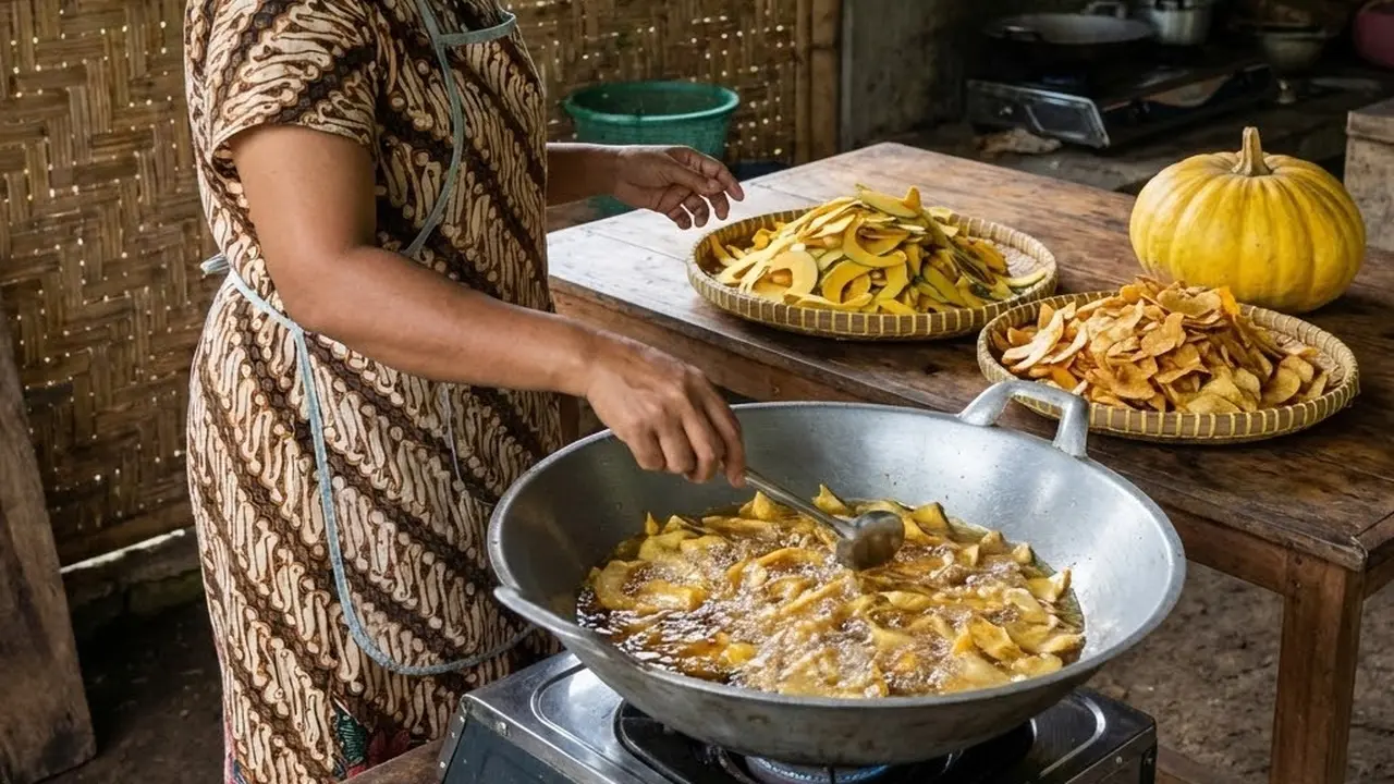 Menggoreng keripik dari kulit labu (Gemini AI)