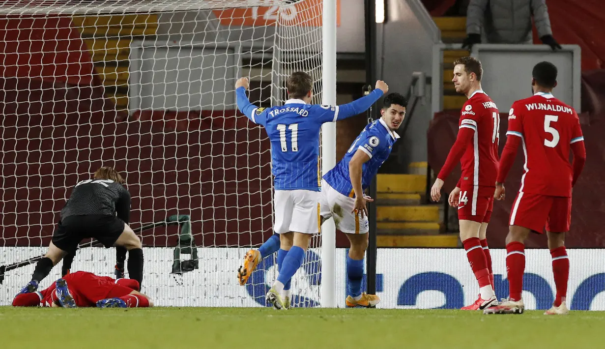Pada laga kali ini Steven Alzate sukses menjadi pembeda lantaran berhasil mencetak gol satu-satunya yang membawa Brighton & Hove Albion berjaya di markas Liverpool. (Phil Noble/Pool via AP)