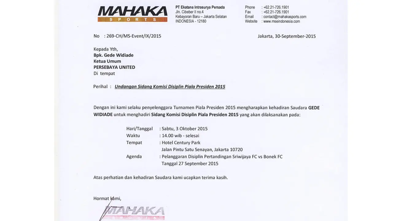 Surat panggilan buat Bonek FC