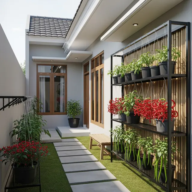 Desain Rumah Kecil dengan Kebun Cabai Gantung di Belakang