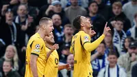 Selebrasi Felix Nmecha dalam laga Liga Champions antara&nbsp;FC Copenhagen vs Borussia Dortmund, Rabu (22/10/2025).&nbsp;(Liselotte Sabroe/Ritzau Scanpix via AP)
