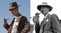 Cillian Murphy di film Oppenheimer dan J Robert Oppenheimer yang asli. (Universal Pictures via AP (kiri), dan AP Photo)