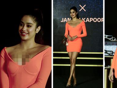 Foto kolase aktris Bollywood Janhvi Kapoor saat berpose untuk foto selama acara komersial di Mumbai pada 21 September 2022. Putri pertama dari mendiang Sridevi ini tampak memukau di foto-foto barunya. (AFP/Sujit Jaiswal)