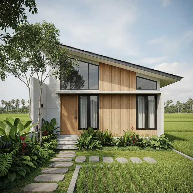 Rumah Pedesaan Minimalis Modern Atap Miring dan Taman Depan