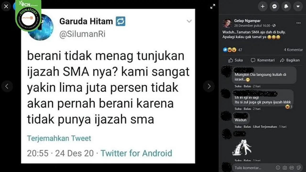 Gambar Tangkapan Layar Kabar Hoaks Menag Yaqut Qholil Qoumas Tidak Punya Ijazah SMA (sumber: Facebook)